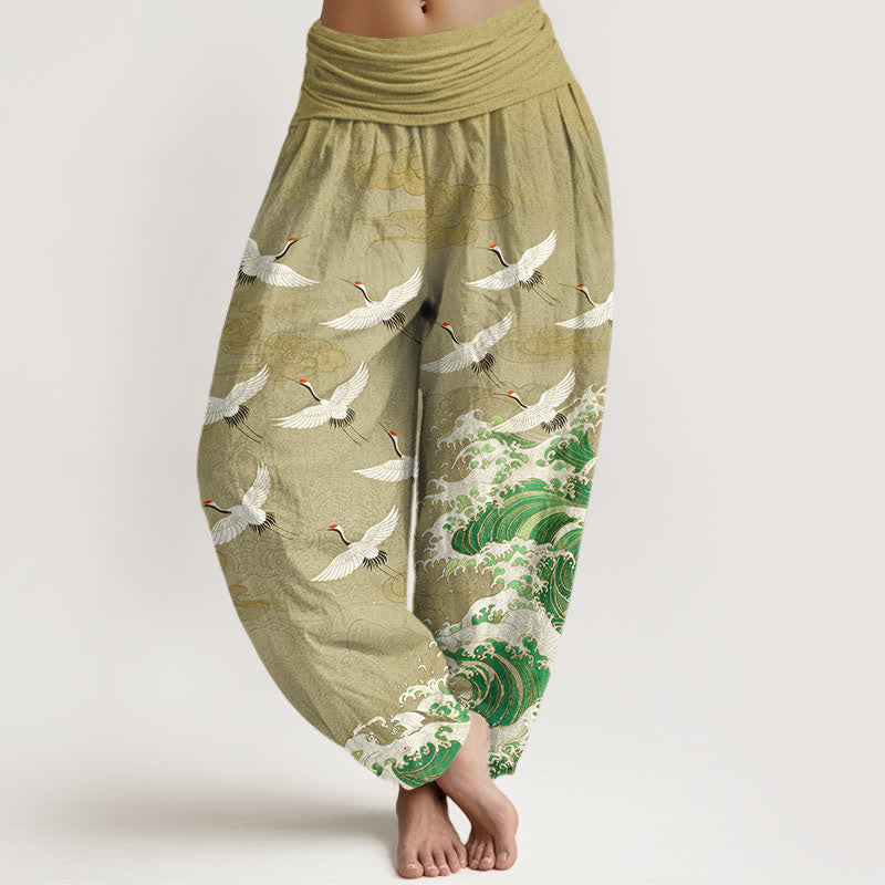Buddha Stones Pantalones harem de mujer con cintura elástica y estampado de grullas y olas marinas en color blanco algodón. - vara de oro pálida - US16，UK/AU20，EU48 (3XL) - image 5