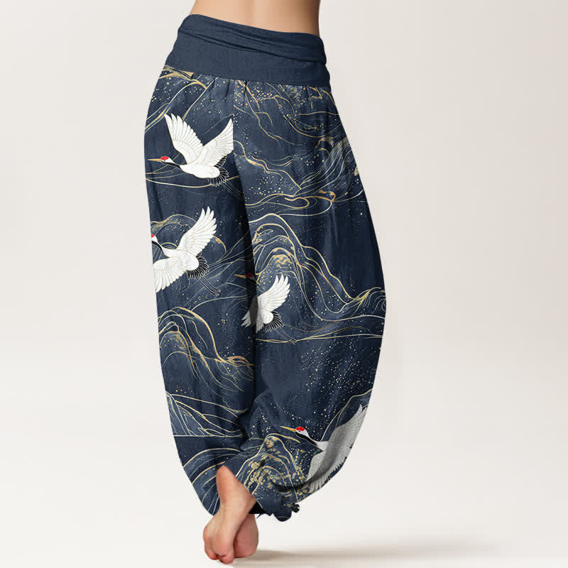 Buddha Stones Pantalones harem de algodón con estampado de grulla oriental y cintura elástica para mujer. - image 10