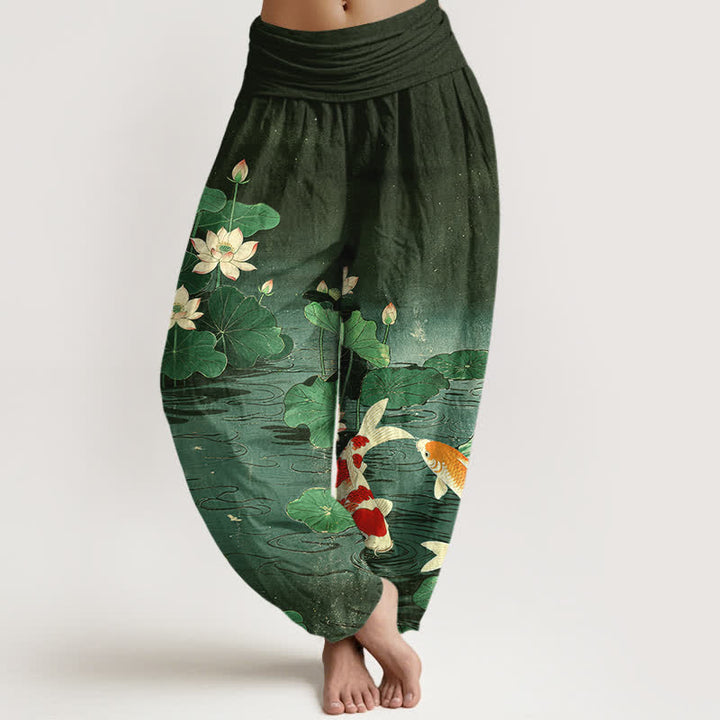 Buddha Stones Pantalones harem de mujer con cintura elástica y estampado de loto florecido y carpa koi, de algodón. - Verde oscuro - US16，UK/AU20，EU48 (3XL) - image 5