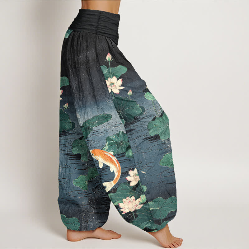 Buddha Stones Pantalones harem de mujer con cintura elástica y estampado de loto florecido y carpa koi, de algodón. - image 9