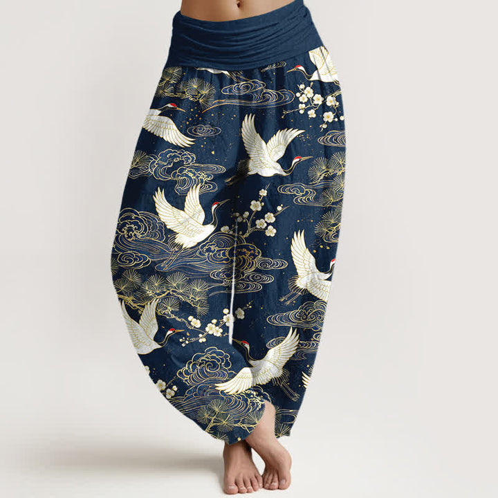 Buddha Stones Pantalones harem de algodón con estampado floral de grulla oriental para mujer con cintura elástica. - Marina de guerra - US16，UK/AU20，EU48 (3XL) - image 0