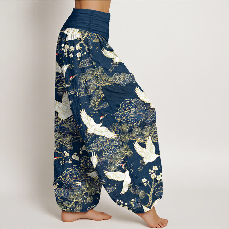 Buddha Stones Pantalones harem de algodón con estampado floral de grulla oriental para mujer con cintura elástica. - image 1