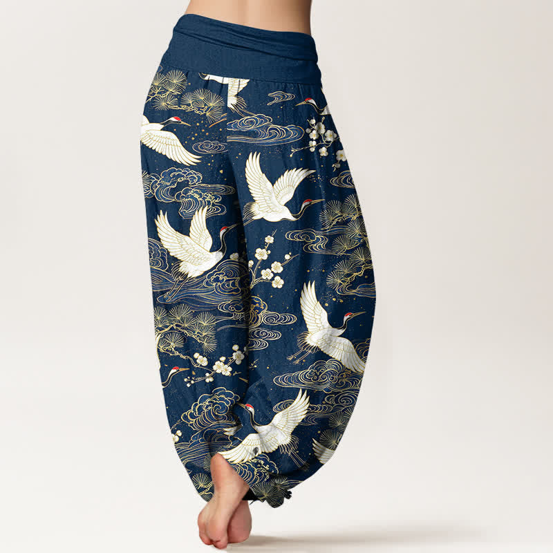 Buddha Stones Pantalones harem de algodón con estampado floral de grulla oriental para mujer con cintura elástica. - image 2