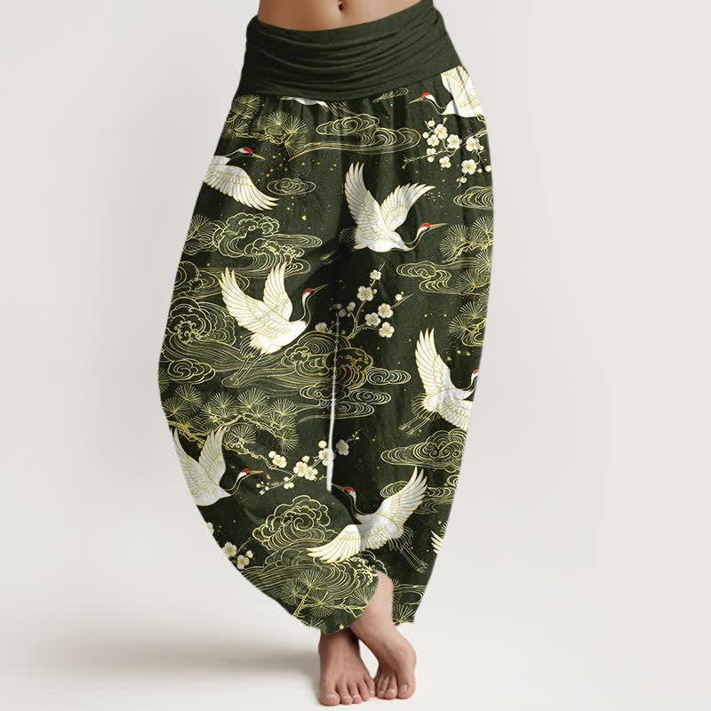 Buddha Stones Pantalones harem de algodón con estampado floral de grulla oriental para mujer con cintura elástica. - Verde oliva oscuro - US16，UK/AU20，EU48 (3XL) - image 5