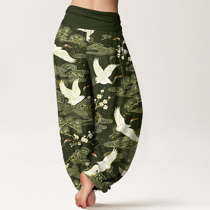 Buddha Stones Pantalones harem de algodón con estampado floral de grulla oriental para mujer con cintura elástica. - image 7