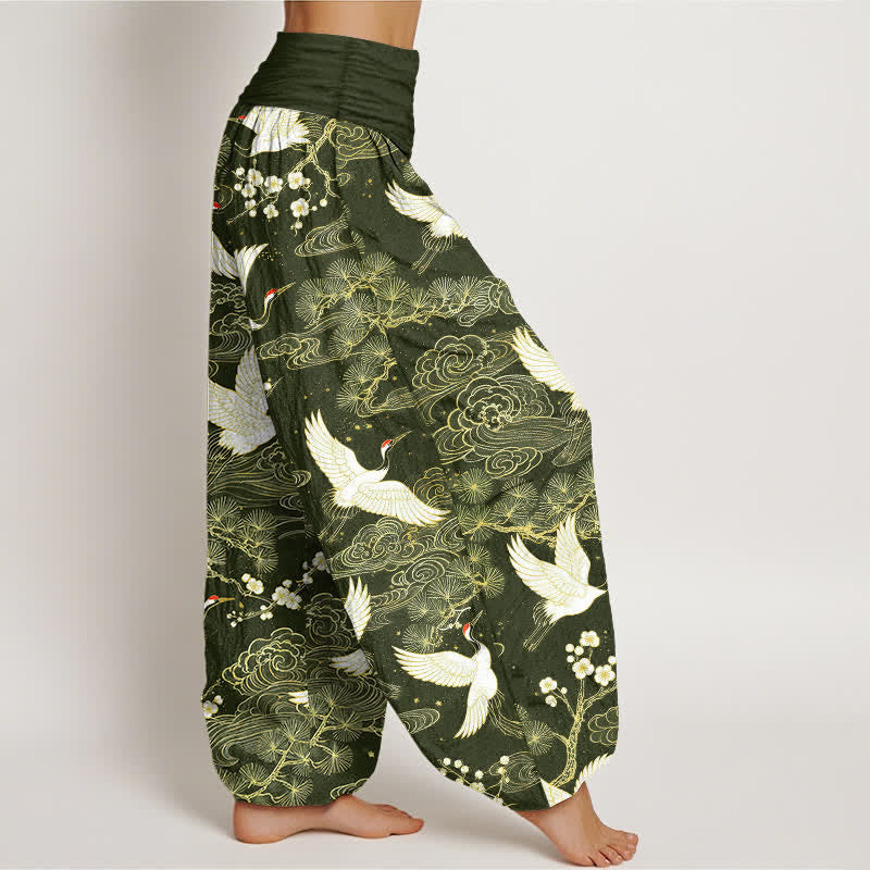 Buddha Stones Pantalones harem de algodón con estampado floral de grulla oriental para mujer con cintura elástica. - image 6