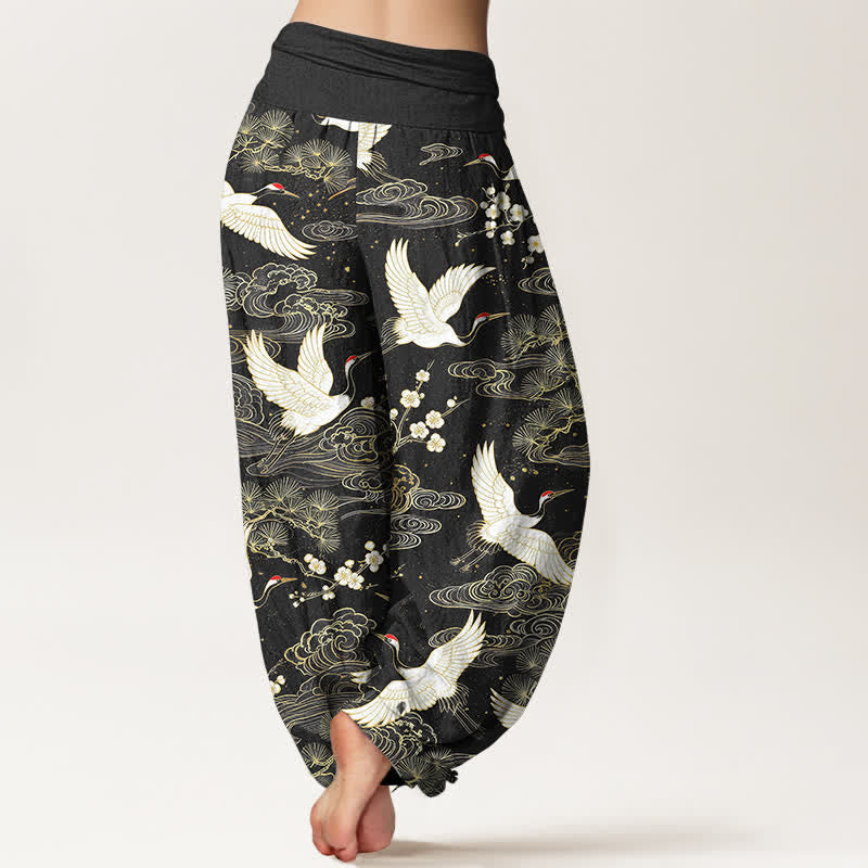 Buddha Stones Pantalones harem de algodón con estampado floral de grulla oriental para mujer con cintura elástica. - image 10