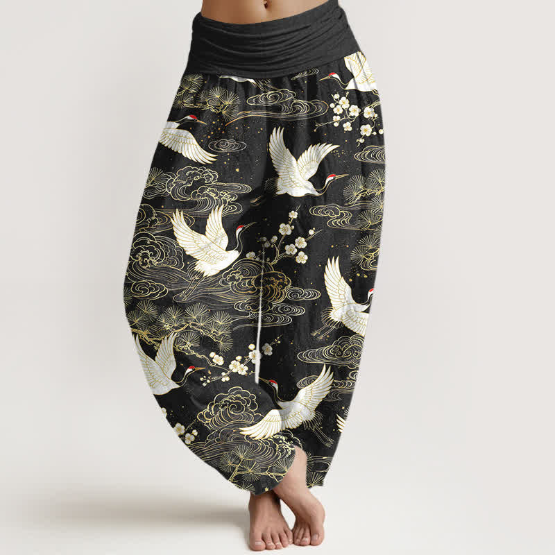 Buddha Stones Pantalones harem de algodón con estampado floral de grulla oriental para mujer con cintura elástica. - Negro - US16，UK/AU20，EU48 (3XL) - image 8
