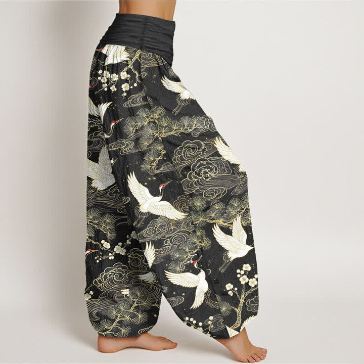 Buddha Stones Pantalones harem de algodón con estampado floral de grulla oriental para mujer con cintura elástica. - image 9