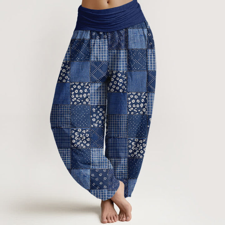 Buddha Stones Pantalones harem de algodón con estampado floral estilo patchwork vintage para mujer con cintura elástica. - Azul acero - US16，UK/AU20，EU48 (3XL) - image 0
