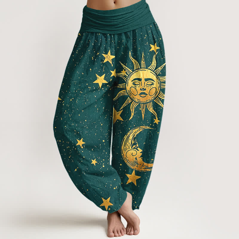 Buddha Stones Pantalones harem de algodón con estampado de estrellas y sol dorado para mujer, con cintura elástica. - Verde azulado - US16，UK/AU20，EU48 (3XL) - image 5