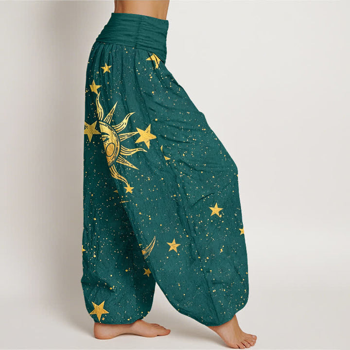Buddha Stones Pantalones harem de algodón con estampado de estrellas y sol dorado para mujer, con cintura elástica. - image 6