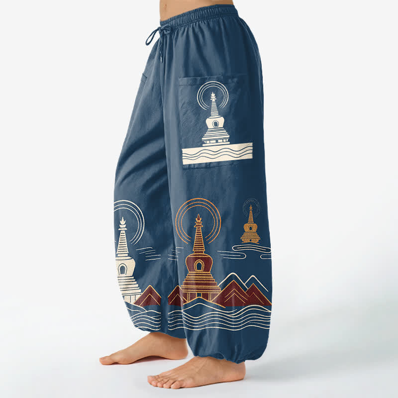 Buddha Stones Pantalones harem de algodón con estampado paisajístico de pagoda vintage para mujer, cintura elástica y bolsillos laterales. - image 1