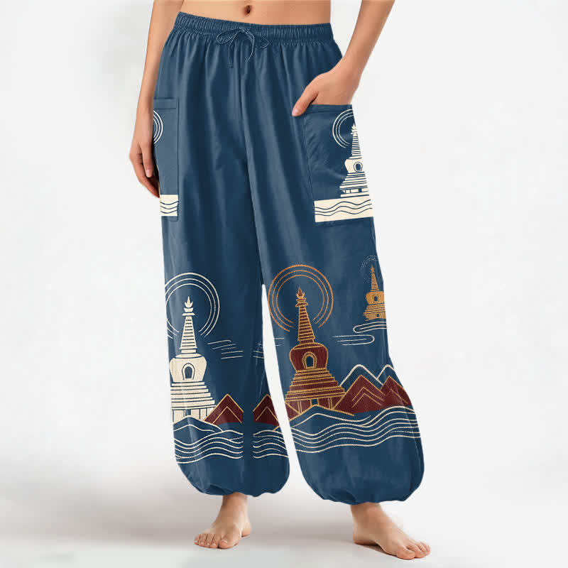 Buddha Stones Pantalones harem de algodón con estampado paisajístico de pagoda vintage para mujer, cintura elástica y bolsillos laterales. - Azul acero - US16，UK/AU20，EU48 (3XL) - image 0