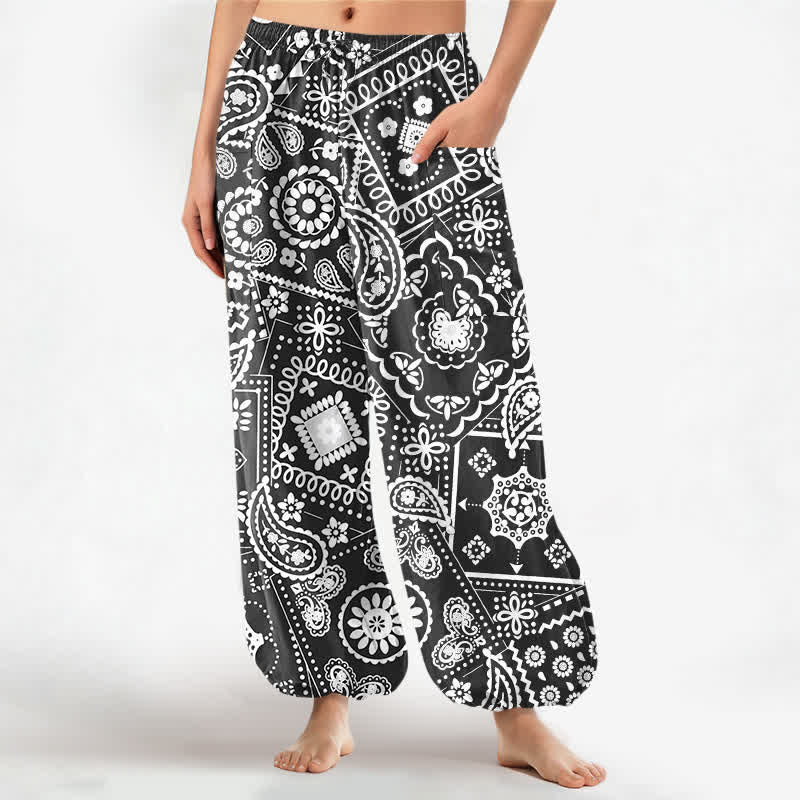 Buddha Stones Pantalones harem de algodón con estampado bohemio de cachemir y bandana para mujer, cintura elástica y bolsillos laterales. - Negro - US16，UK/AU20，EU48 (3XL) - image 0