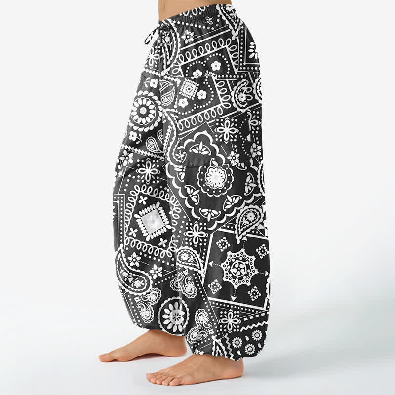 Buddha Stones Pantalones harem de algodón con estampado bohemio de cachemir y bandana para mujer, cintura elástica y bolsillos laterales. - image 1