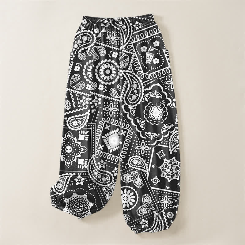 Buddha Stones Pantalones harem de algodón con estampado bohemio de cachemir y bandana para mujer, cintura elástica y bolsillos laterales. - image 3