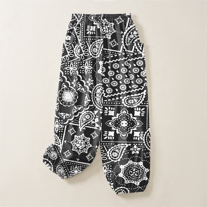 Buddha Stones Pantalones harem de algodón con estampado bohemio de cachemir y bandana para mujer, cintura elástica y bolsillos laterales. - image 4