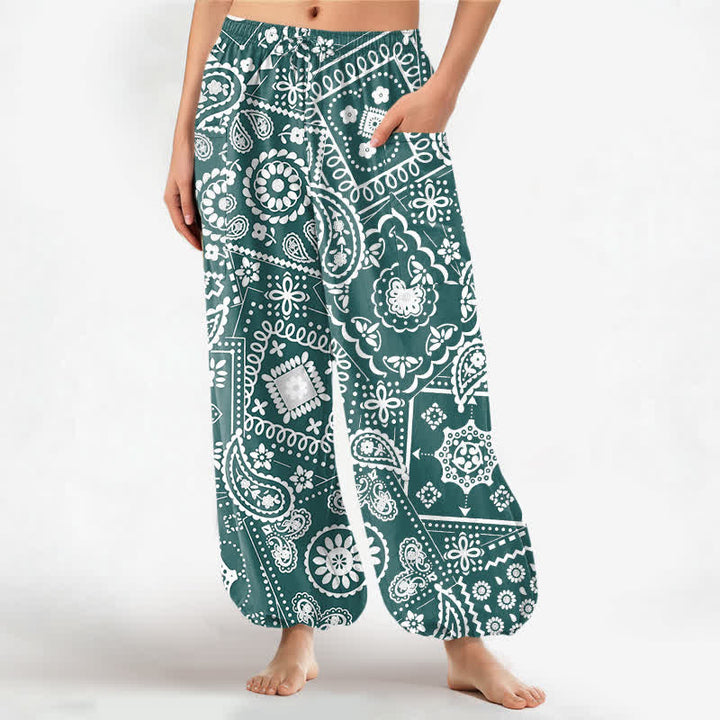 Buddha Stones Pantalones harem de algodón con estampado bohemio de cachemir y bandana para mujer, cintura elástica y bolsillos laterales. - Verde azulado - US16，UK/AU20，EU48 (3XL) - image 10