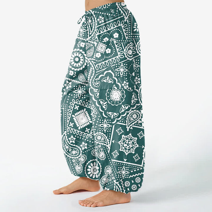 Buddha Stones Pantalones harem de algodón con estampado bohemio de cachemir y bandana para mujer, cintura elástica y bolsillos laterales. - image 11