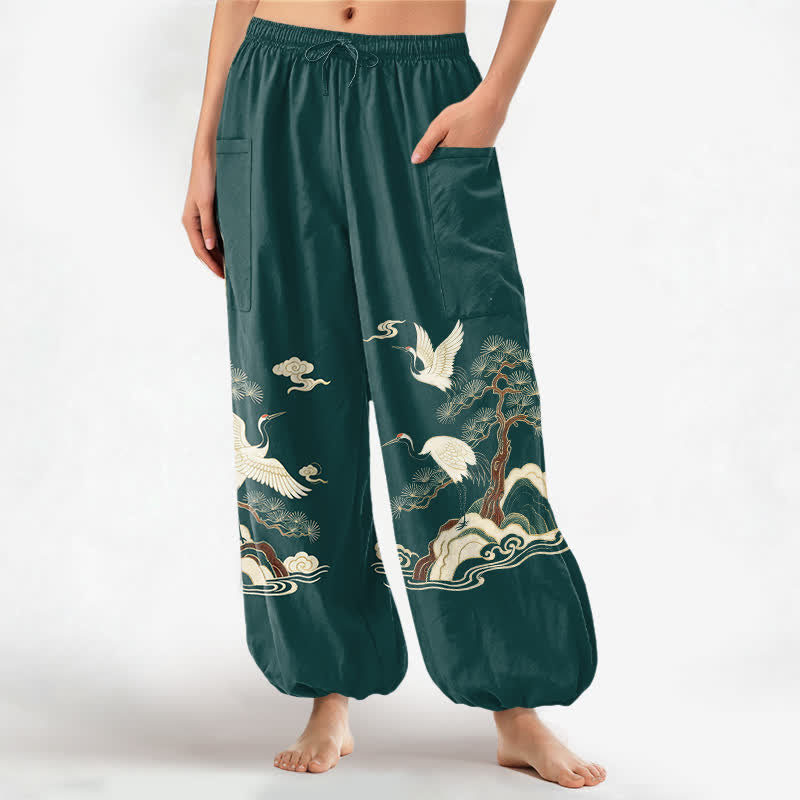 Buddha Stones Pantalones harem de algodón con estampado de grullas orientales y pinos para mujer, con cintura elástica y bolsillos laterales. - Verde azulado - US16，UK/AU20，EU48 (3XL) - image 0