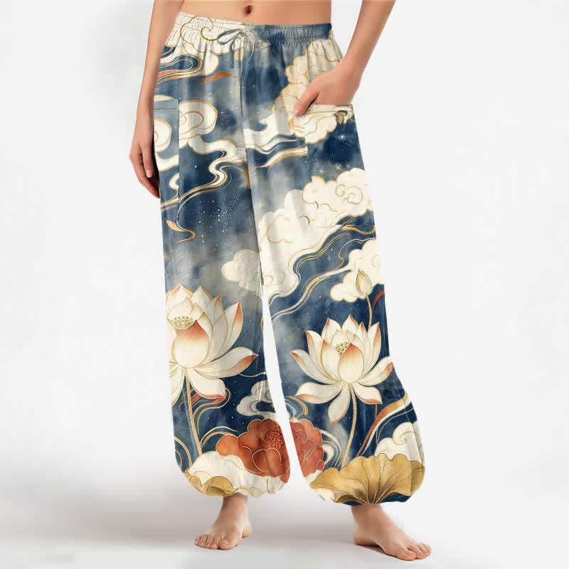 Buddha Stones Pantalones harem de algodón con estampado de nube de loto oriental y cintura elástica para mujer, con bolsillos laterales. - Marina de guerra - US16，UK/AU20，EU48 (3XL) - image 0