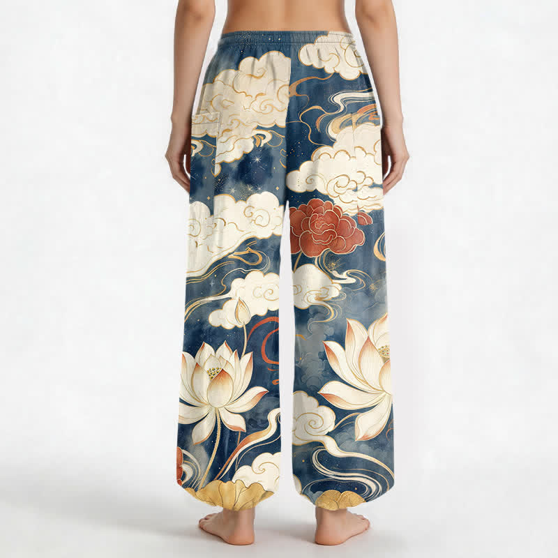 Buddha Stones Pantalones harem de algodón con estampado de nube de loto oriental y cintura elástica para mujer, con bolsillos laterales. - image 2