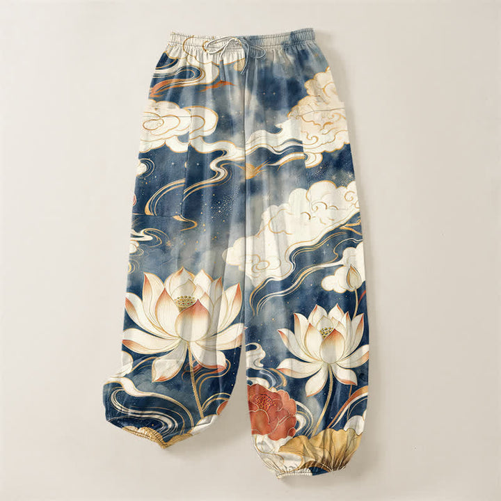 Buddha Stones Pantalones harem de algodón con estampado de nube de loto oriental y cintura elástica para mujer, con bolsillos laterales. - image 3
