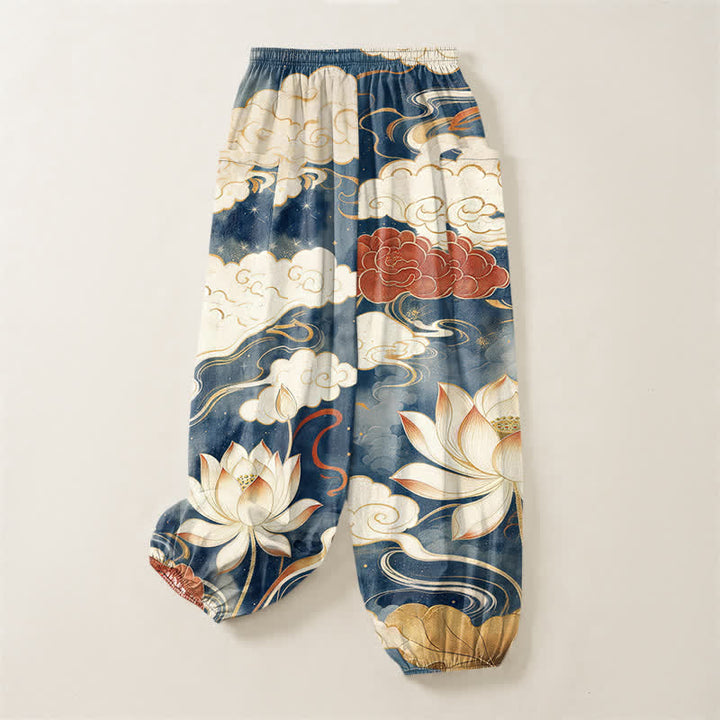 Buddha Stones Pantalones harem de algodón con estampado de nube de loto oriental y cintura elástica para mujer, con bolsillos laterales. - image 4