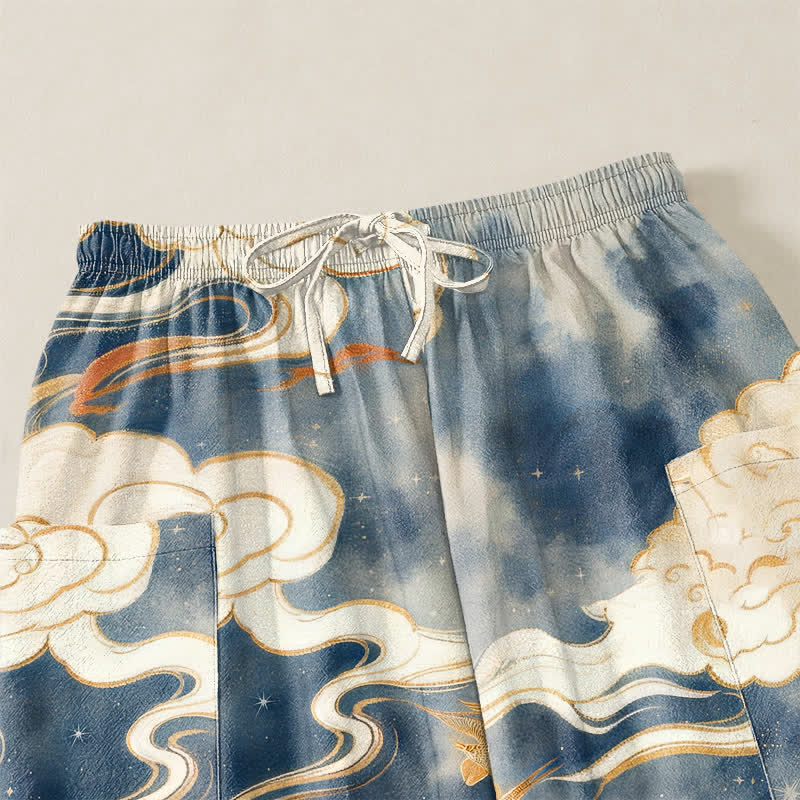 Buddha Stones Pantalones harem de algodón con estampado de nube de loto oriental y cintura elástica para mujer, con bolsillos laterales. - image 5