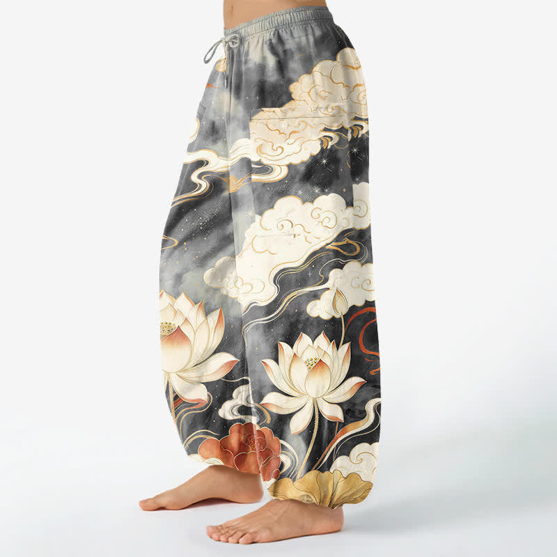 Buddha Stones Pantalones harem de algodón con estampado de nube de loto oriental y cintura elástica para mujer, con bolsillos laterales. - image 8