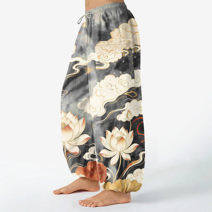 Buddha Stones Pantalones harem de algodón con estampado de nube de loto oriental y cintura elástica para mujer, con bolsillos laterales. - image 8