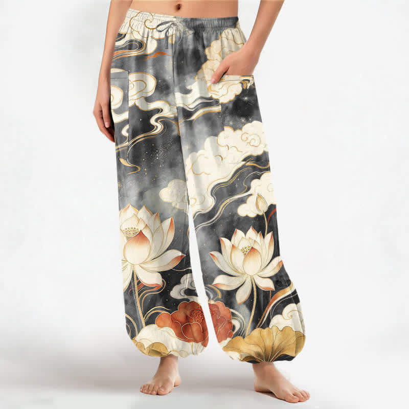 Buddha Stones Pantalones harem de algodón con estampado de nube de loto oriental y cintura elástica para mujer, con bolsillos laterales. - Gris oscuro - US16，UK/AU20，EU48 (3XL) - image 7