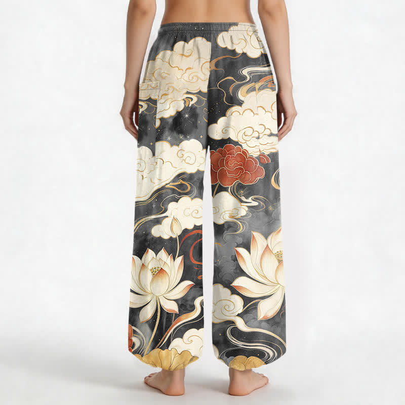 Buddha Stones Pantalones harem de algodón con estampado de nube de loto oriental y cintura elástica para mujer, con bolsillos laterales. - image 9