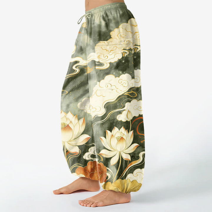 Buddha Stones Pantalones harem de algodón con estampado de nube de loto oriental y cintura elástica para mujer, con bolsillos laterales. - image 11