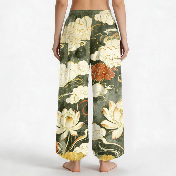 Buddha Stones Pantalones harem de algodón con estampado de nube de loto oriental y cintura elástica para mujer, con bolsillos laterales. - image 12