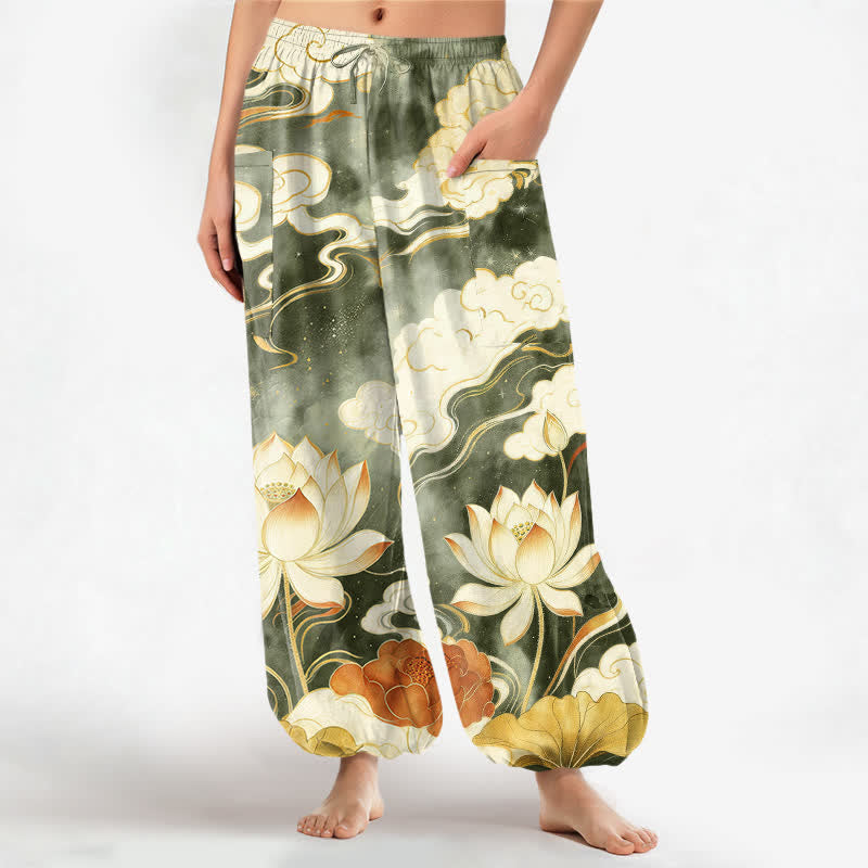 Buddha Stones Pantalones harem de algodón con estampado de nube de loto oriental y cintura elástica para mujer, con bolsillos laterales. - Verde oliva oscuro - US16，UK/AU20，EU48 (3XL) - image 10