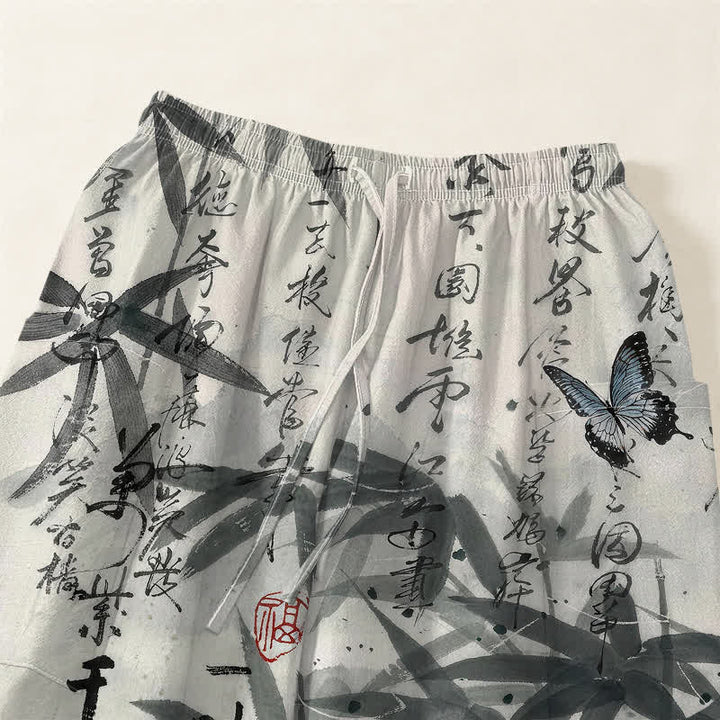Buddha Stones Pantalones harem de mujer con cintura elástica y bolsillos laterales, estampado de mariposas de bambú y tinta de algodón. - image 5