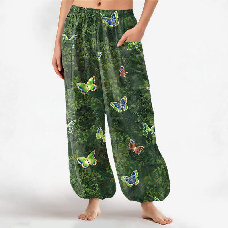 Buddha Stones Pantalones harem de algodón con estampado de mariposas y hojas, inspirados en la naturaleza, para mujer, con cintura elástica y bolsillos laterales. - Verde bosque - US16，UK/AU20，EU48 (3XL) - image 0