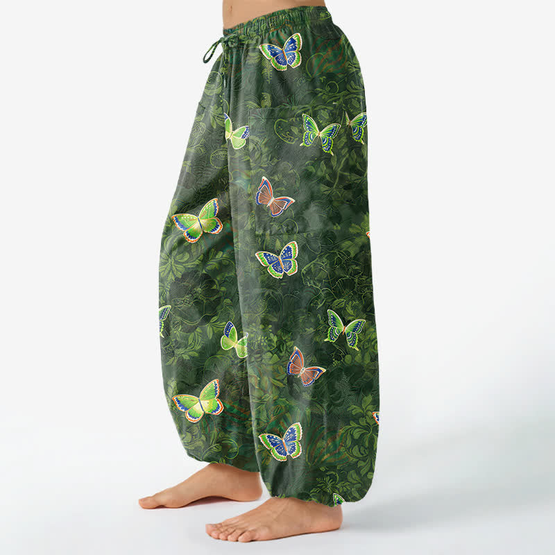Buddha Stones Pantalones harem de algodón con estampado de mariposas y hojas, inspirados en la naturaleza, para mujer, con cintura elástica y bolsillos laterales. - image 1