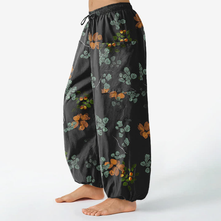 Buddha Stones Pantalones harem de algodón con estampado floral botánico bohemio para mujer, cintura elástica y bolsillos laterales. - image 1