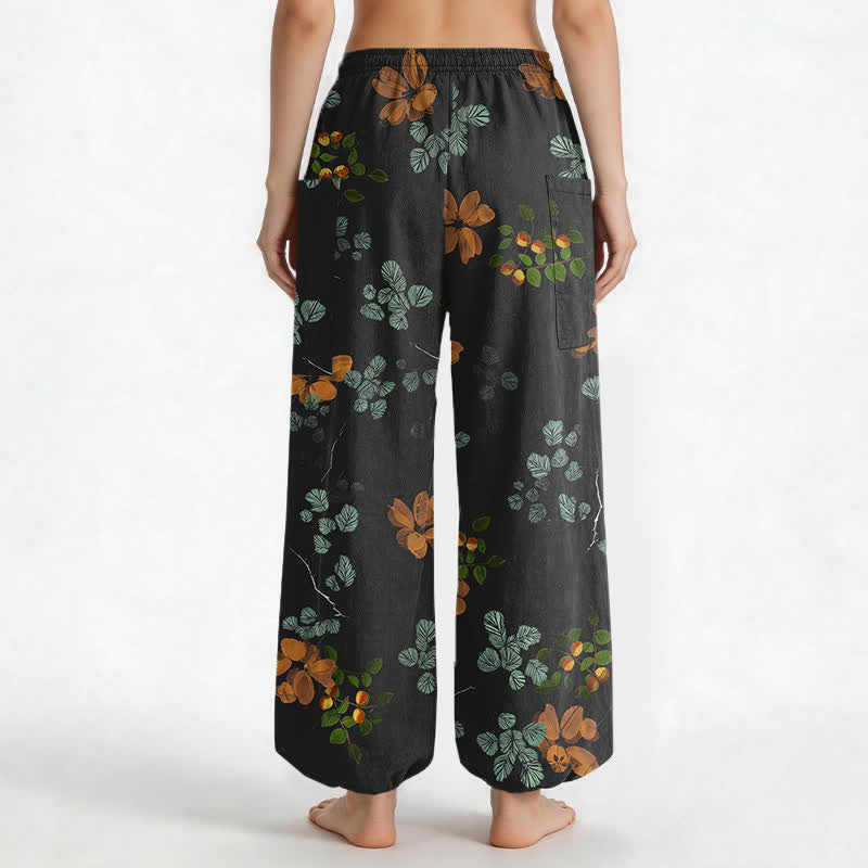 Buddha Stones Pantalones harem de algodón con estampado floral botánico bohemio para mujer, cintura elástica y bolsillos laterales. - image 2