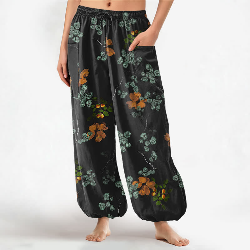 Buddha Stones Pantalones harem de algodón con estampado floral botánico bohemio para mujer, cintura elástica y bolsillos laterales. - Negro - US16，UK/AU20，EU48 (3XL) - image 0