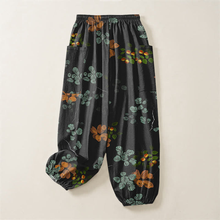 Buddha Stones Pantalones harem de algodón con estampado floral botánico bohemio para mujer, cintura elástica y bolsillos laterales. - image 4