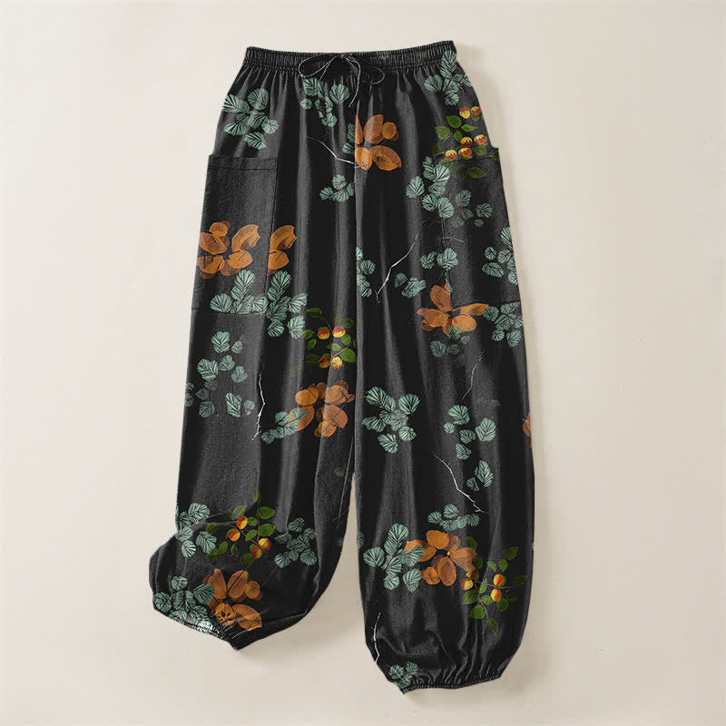 Buddha Stones Pantalones harem de algodón con estampado floral botánico bohemio para mujer, cintura elástica y bolsillos laterales. - image 3