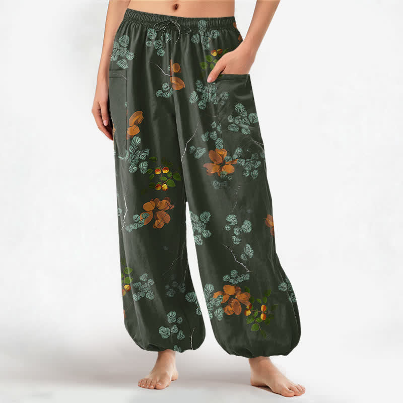 Buddha Stones Pantalones harem de algodón con estampado floral botánico bohemio para mujer, cintura elástica y bolsillos laterales. - Verde oliva oscuro - US16，UK/AU20，EU48 (3XL) - image 7