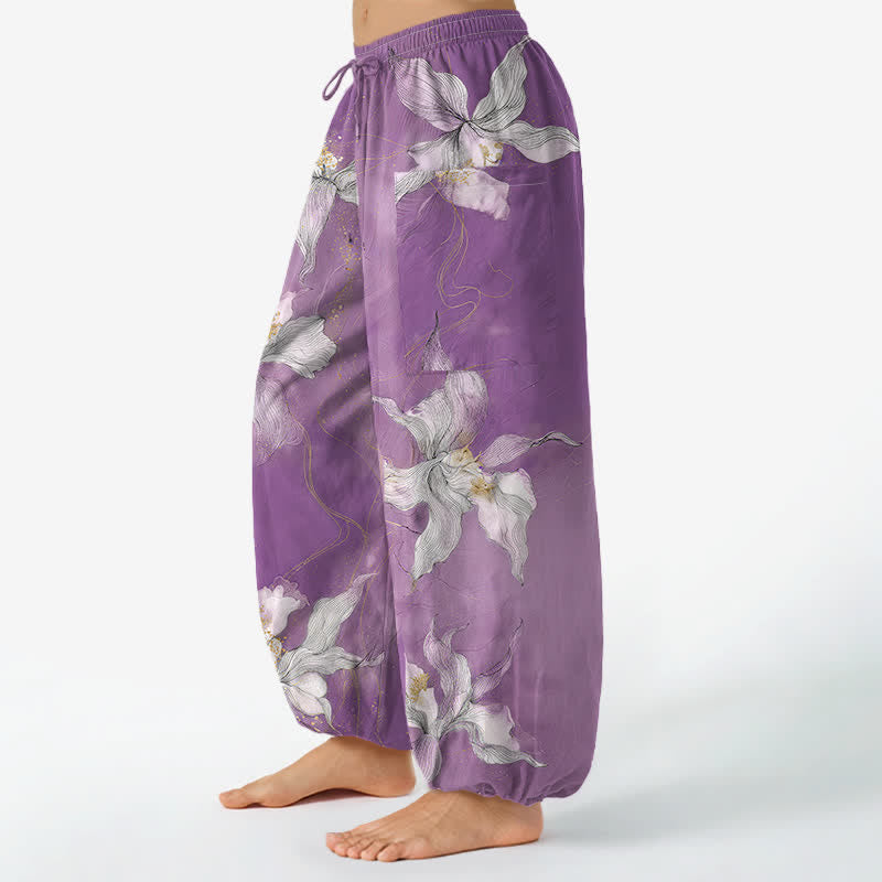 Buddha Stones Pantalones harem de algodón blanco vintage con estampado floral para mujer, cintura elástica y bolsillos laterales. - image 1