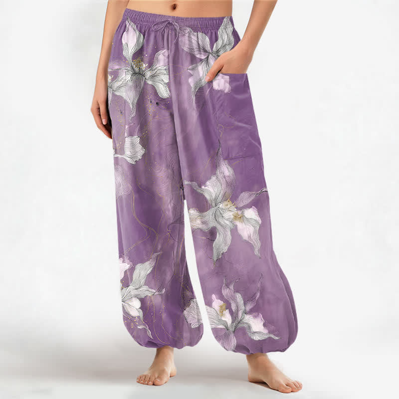 Buddha Stones Pantalones harem de algodón blanco vintage con estampado floral para mujer, cintura elástica y bolsillos laterales. - Orquídea mediana - US16，UK/AU20，EU48 (3XL) - image 0