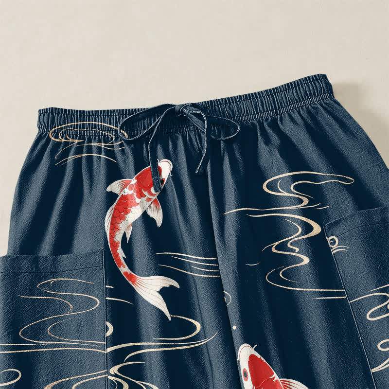 Buddha Stones Pantalones harem de algodón con estampado de olas marinas y carpas koi para mujer, con cintura elástica y bolsillos laterales. - image 5