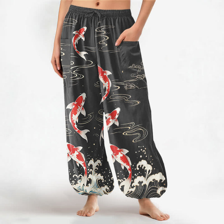 Buddha Stones Pantalones harem de algodón con estampado de olas marinas y carpas koi para mujer, con cintura elástica y bolsillos laterales. - Gris oscuro - US16，UK/AU20，EU48 (3XL) - image 7